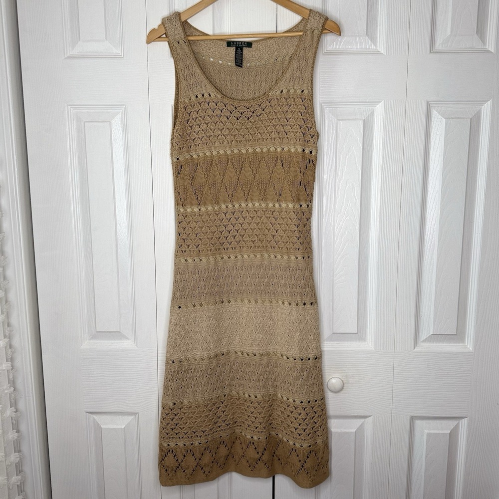 Lauren Ralph Lauren Crochet Knit Dress Womens M Tan Open Stitch Tank Resort Boho